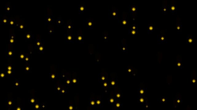 Magical 4K abstract background featuring floating golden glowing fireflies and sparkling yellow dust particles over a deep dark backdrop. Perfect as a video overlay, cinematic atmosphere, festive 