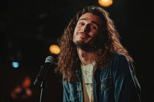 Generative AI portrait of stand up comedian performing on stage with microphone under colorful lights