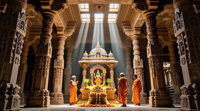 Monks in orange robes pray inside ancient temple. Sunbeams shine through ceiling windows onto ornate altar with deity statue. Stone pillars with carvings support grand structure. Spiritual place for