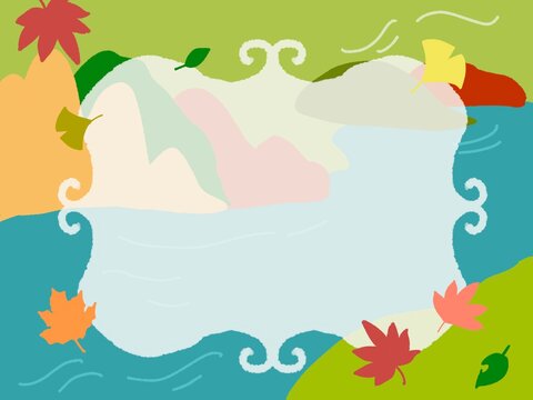 紅葉した山と湖を囲む手描き風の秋のフレームイラスト / Hand drawn autumn landscape frame with colorful mountains, lake and maple leaves