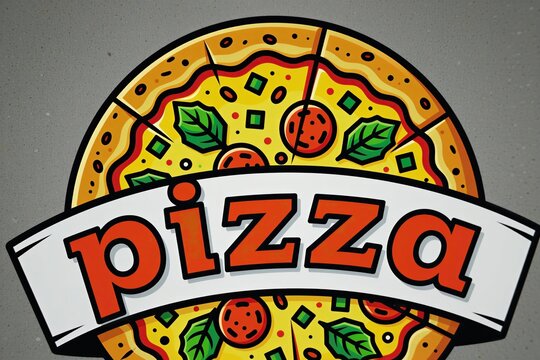 Round pizza logo design with salami, green basil leaves. Colorful cartoon style emblem for italian restaurant menu. Vibrant graphic sign for fast food cafe brand. Badge illustration on grey