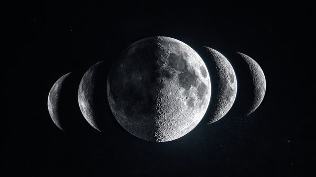 Moon phases from full moon to eclipse, realistic lunar surface details aligned against deep black space.