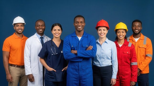 Professionals in various professions including men and women in uniform, work clothes, and hard hats standing together on blue background.