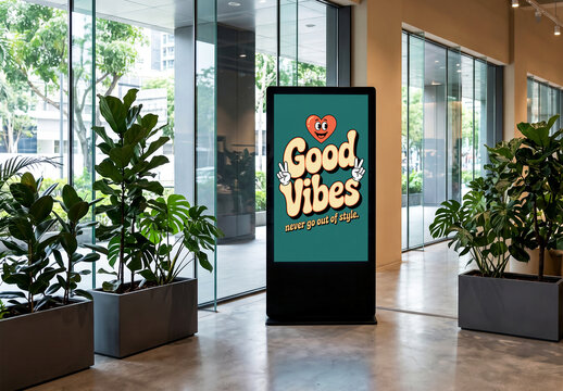 Digital Screen Totem Mockup in Modern Indoor Building Lobby