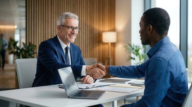 Happy male financial advisor with client for an investment contract with a handshake and laptop.