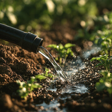 Watering soil seedling garden agriculture irrigation food security challenges water flow fresh water plant growth farming crop field hose cultivation earth mud moisture sprout nature outdoor