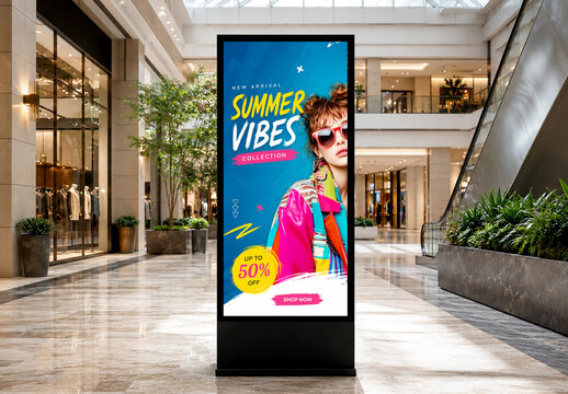 Frontal Digital Signage Display Mockup in Modern Shopping Mall Interior
