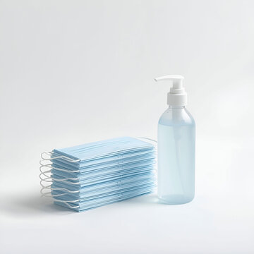  Stack of Blue Medical Face Masks and Hand Sanitizer Pump Bottle Isolated on White Background   
