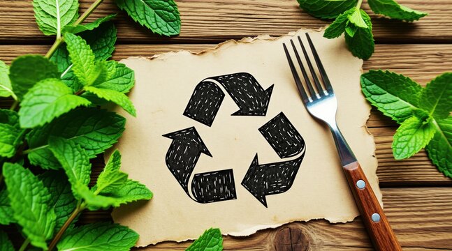 Recycle symbol drawn on brown paper sheet rests on dark wooden table. Fresh green mint leaves, metal fork lie near icon. Sustainable dining lifestyle concept showing zero waste eco friendly food