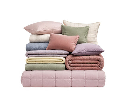Stack of colorful folded blankets and soft pillows isolated on white background for bed