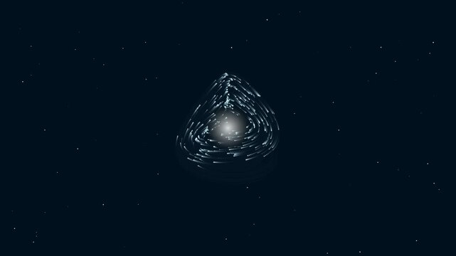 Abstract digital data swirl of glowing white particle trails rotating around central bright light source on dark space background motion.