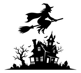 Fototapeta premium Silhouette of a witch flying over a haunted halloween house