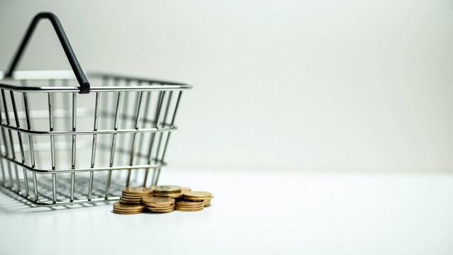 Empty Basket With Coin Stack Financial Success Marketing Text