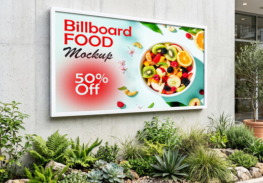 Outdoor food billboard advertisement mockup on concrete wall