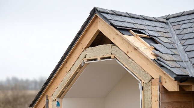 High performance roof insulation cross section showing realistic thermal envelope layers, vapor barrier, structural framing and energy efficient building construction for sustainable housing