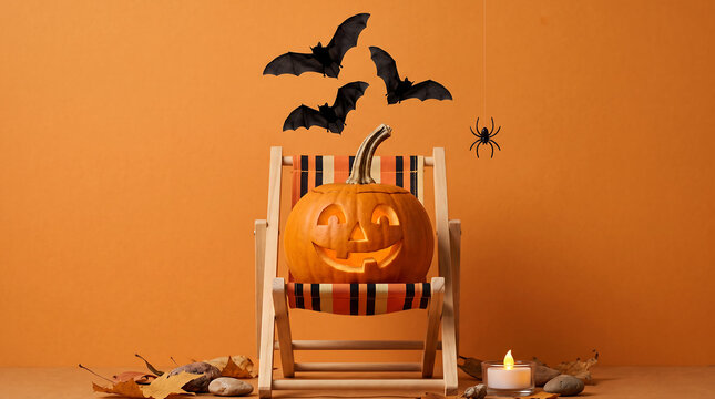 A carved jack o lantern pumpkin sitting on a small beach chair with bats and spiders for halloween