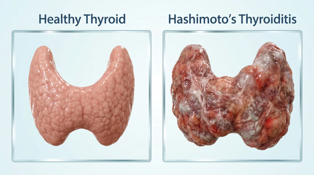 3D Illustration Comparing Healthy Thyroid and Hashimoto's Thyroiditis