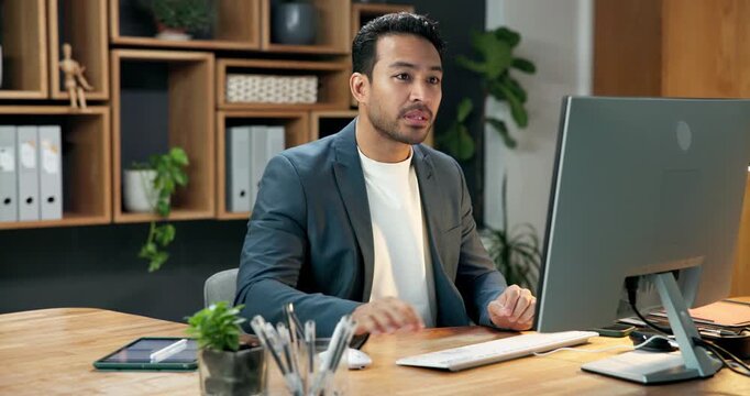Business, review or man in office with computer, expense analysis or research on funding pitch. Reading, digital or finance advisor with tech, budget control or strategy report in investment proposal