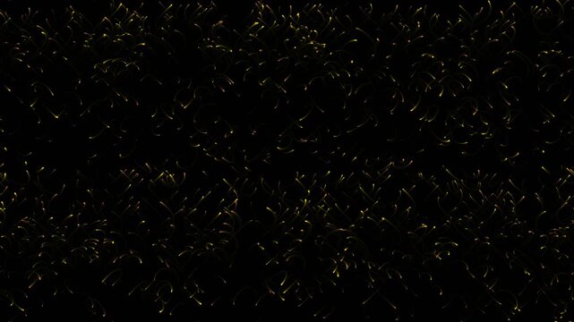 Abstract golden light streaks moving in rhythmic patterns across dark background creating flowing particle energy for artistic digital motion.