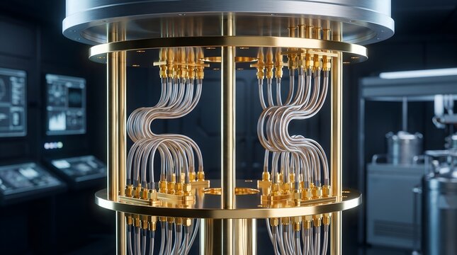 Macro shot of gold plated stage plates and coaxial wiring inside quantum computer cryogenic dilution refrigerator in dark laboratory