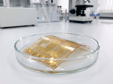 Scientific macro photograph of biocompatible thin film gold circuit printed on transparent biodegradable silk protein bio membrane in sterile dish