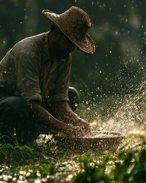 Food security challenges farmer water washing bowl rain work shape rural agriculture