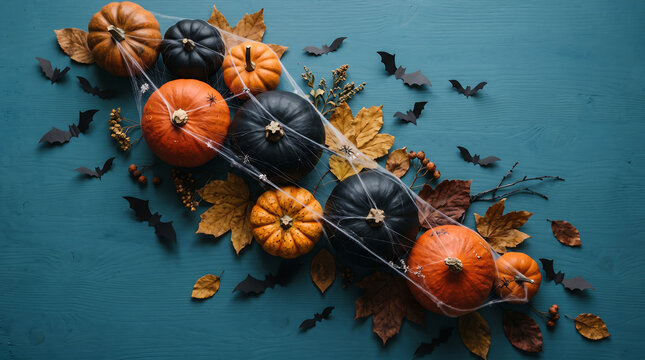 Flat lay composition of orange and black pumpkins with autumn leaves and paper bats on a blue background