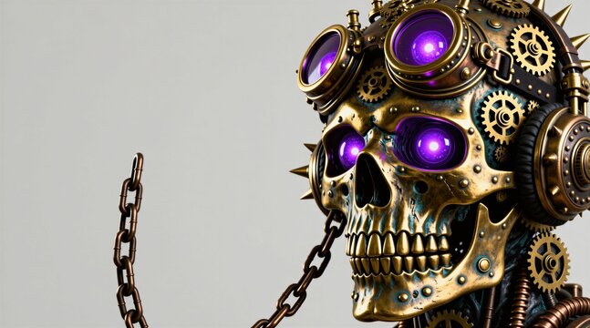 Steampunk metal skull with goggles and purple glowing eyes. Intricate gears and chains adorn head. A mechanical head with vintage industrial style and gothic horror elements.
