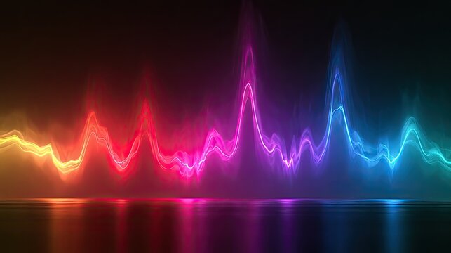 Vibrant abstract equalizer lines pulsate with rainbow light on a dark, reflective surface