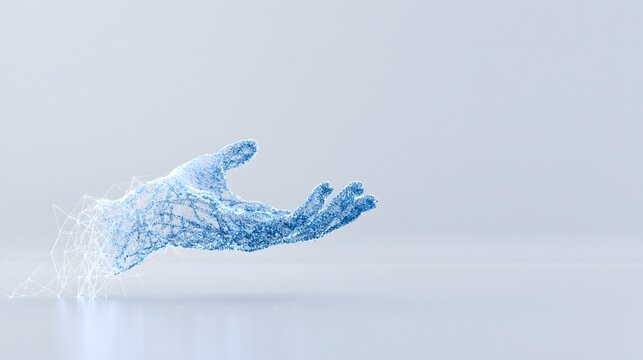Conceptual glowing particle hand on minimalist background with copy spac