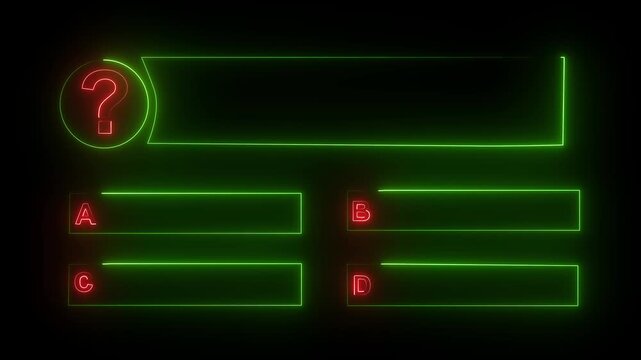 Quiz glowing neon template featuring multiple choice options and a central question mark symbol against a dark background, representing digital testing or trivia interactive game interfaces easily.