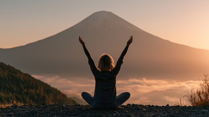 Fototapeta premium woman in meditation pose looking at Mount Fuji view, mindfulness and wellness concept.