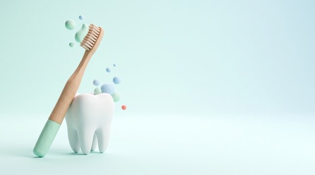 3D illustration of a bamboo toothbrush cleaning a white tooth with mint foam on a pastel blue background for oral hygiene concept