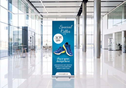 Roll Up Banner Mockup in Modern Glass Lobby