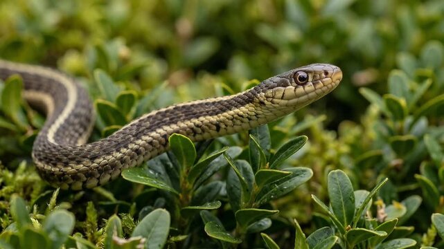 Close up view of a common garter snake slithering through green garden bushes in natural sunlight