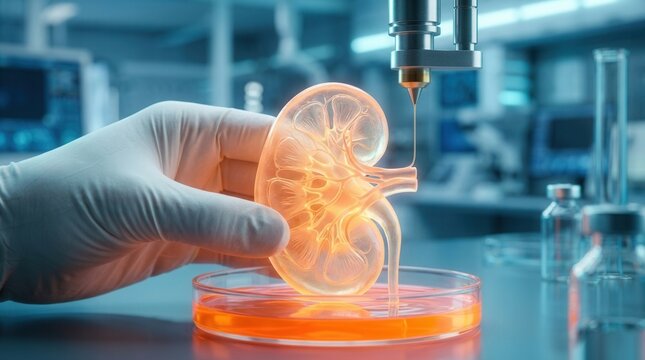 Hand holds a transparent kidney structure during bioprinting technology research in a lab.