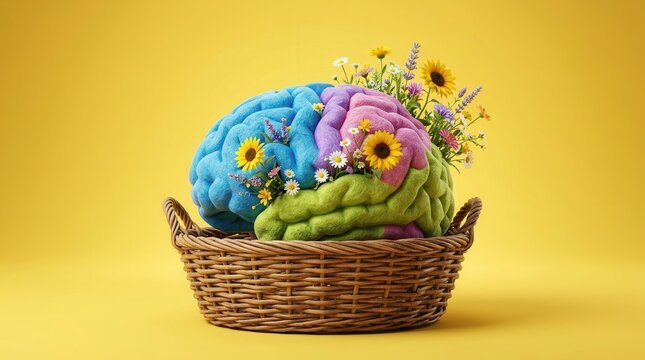 Diverse wildflowers in a basket forming a colorful human brain, representing neurodiversity and mental health.