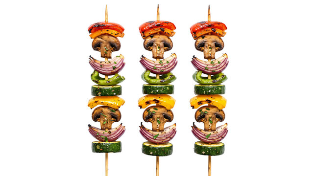 Vegetable skewers photo. Grilled veggie shish kebab on wooden sticks with bell pepper mushroom onion and zucchini. Isolated on white background