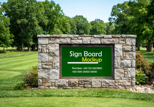Stone monument sign board mockup on golf course grass