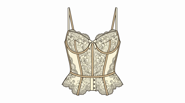 Feminine Beige Lace Corset Bustier Fashion Flat Sketch Featuring Intricate Floral Embroidery and Bow Detail
