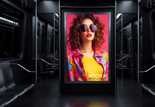 Subway train interior fashion advertisement poster mockup
