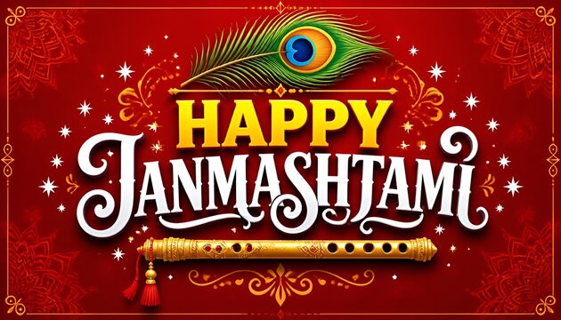 Happy janmashtami festival greeting with peacock feather