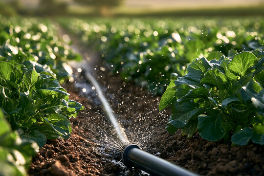 Irrigation field crop sprinkler water soil agriculture plant food security irrigation supports green crop growth and helps address farming challenges in fertile field soil
