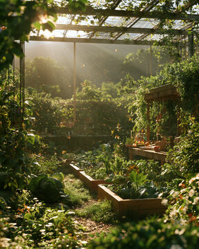 Greenhouse garden vegetable sunlight plant food security challenges sustainable agriculture lush greenhouse garden with vegetable plant and sunlight shows food security challenges through