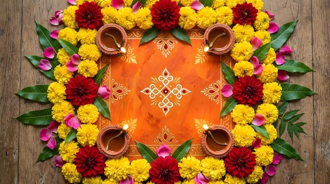 Traditional indian festive decoration with four diya lamps, marigold flowers, and a central rangoli pattern on a wooden surface