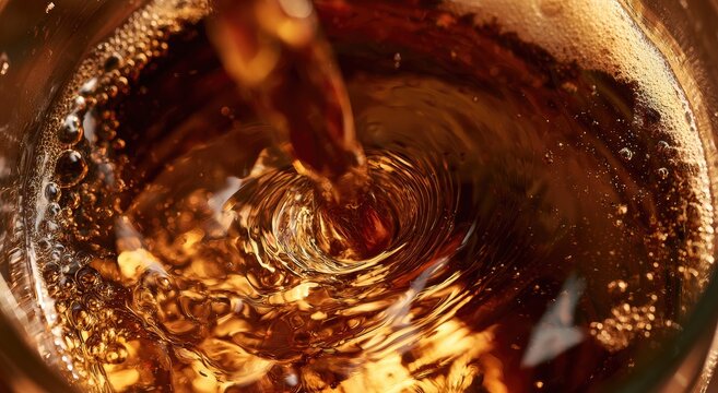 Liquid swirling in a glass, creating bubbles and foam