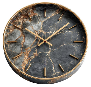 Luxurious clock face made from black polished marble with dramatic gold veining, featuring elegant gold hands and markers. design exudes sophistication and timeless elegance., isolated