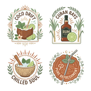 Tropical cocktail and rum drink labels hand-drawn vector illustration set for summer beverages and bar menus