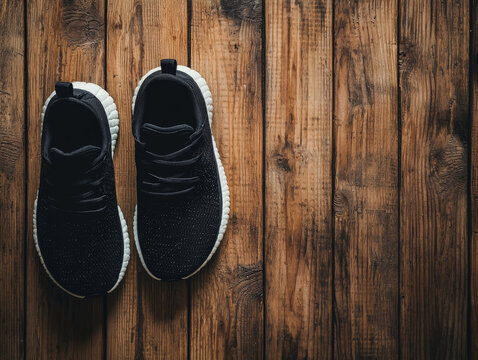Black knit sneakers with textured white soles resting on dark, distressed wooden planks, viewed from above
