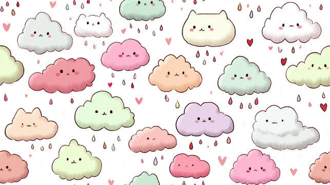 Cute pastel clouds with smiling faces and heart shaped raindrops create whimsical repeating pattern on transparency background., isolated